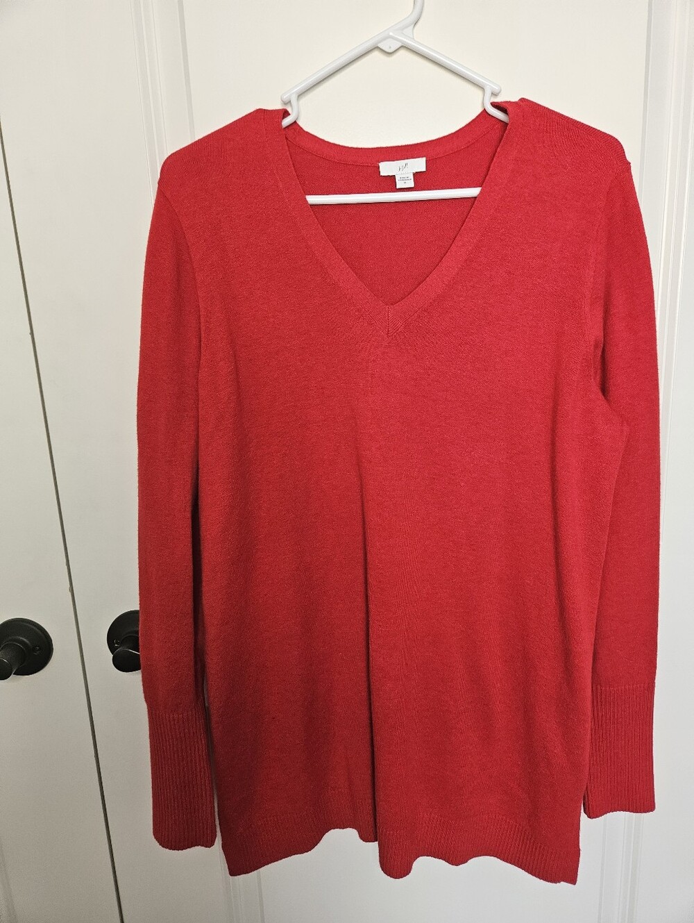 J. Jill Women's Red Solid Knit V-Neck Long Sleeve Pullover Sweater Tunic Size M